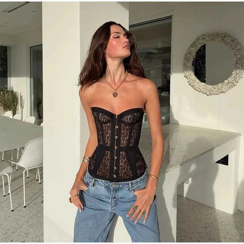 Sexy Women Black Lace Corset Vest Fashion See Through Hollow Out Strapless Top Chic Autumn 2025 New Party Lady High Street Vests