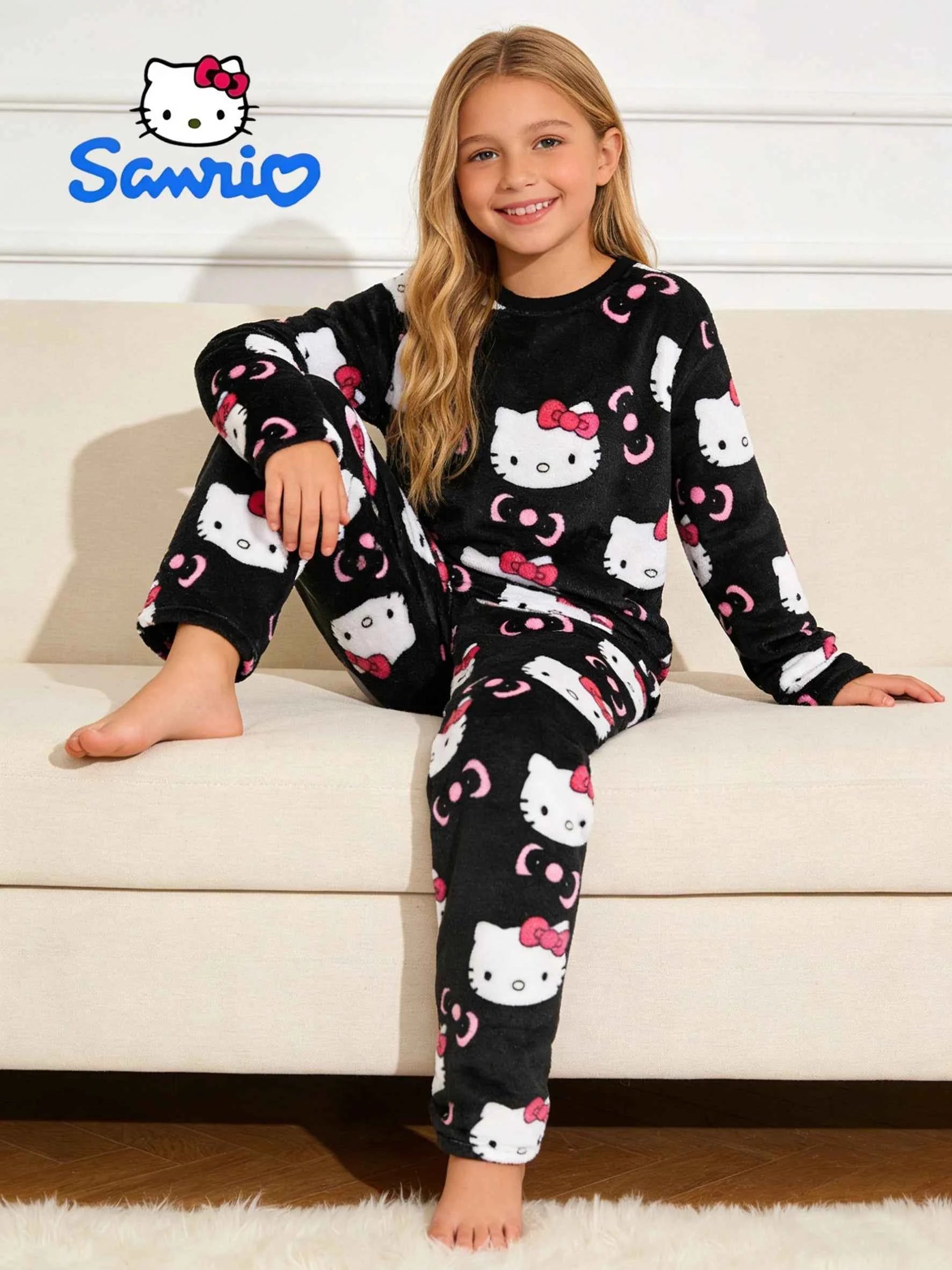 Sanrio girls' sleepwear and pants set for autumn and winter, Hello Kitty long sleeved pants with thick suede for home wear.