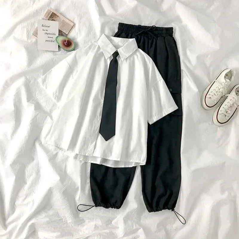 E-BAIHU 2025 White Shirt Women Blusas Short Sleeve Lapel Blouse with Tie Japanese Fashion Student Summer Daily College Style Top