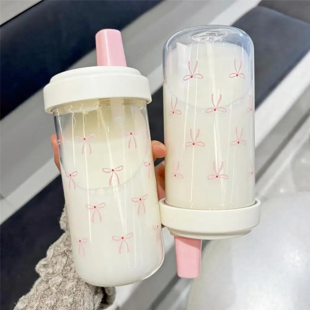 Cute Pink Bow Straw Water Bottle Fashionable Travel Safe Odorless Large-capacity Portable Water Bottle For Travel