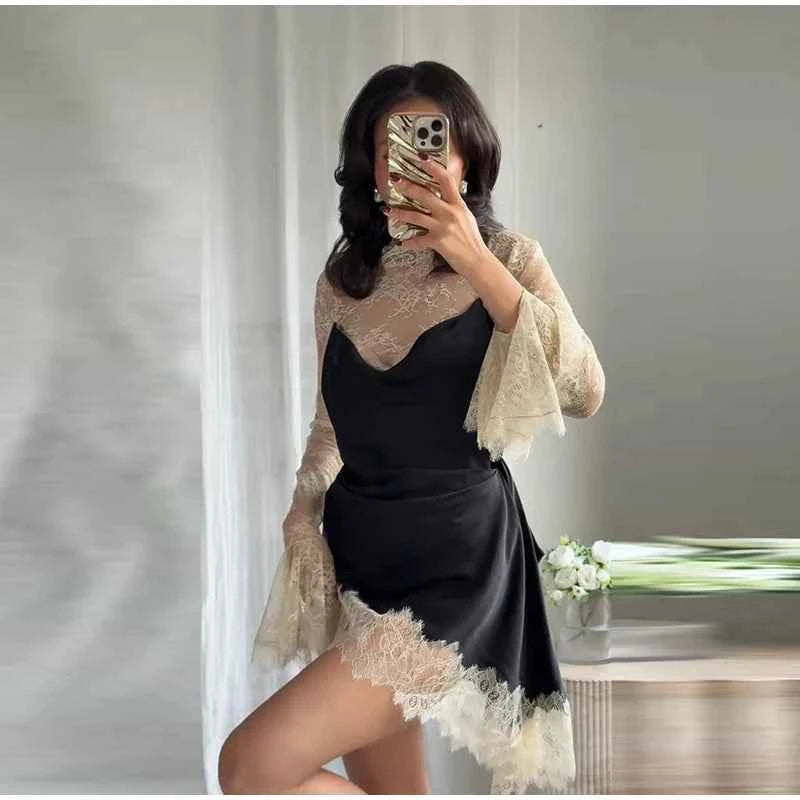 Elegant Lace Trim Satin Dress Women High Neck Color Block Full Sleeve Y2K Mini Dresses 2026 Spring Lady New Sexy Party Clubwear