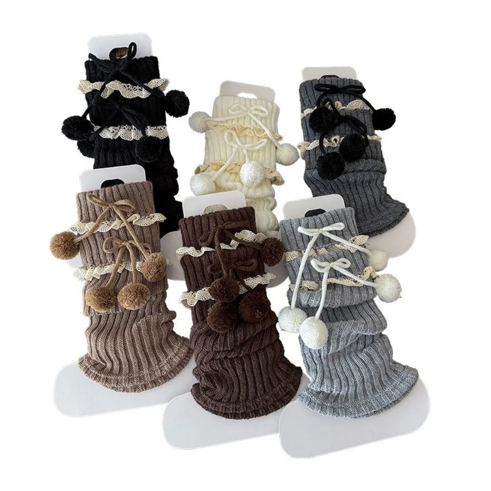 New Solid Color Leg Warmers Thickened Lolita Mid-Calf Sock Knitted Bow Pompom Hosiery Autumn and Winter