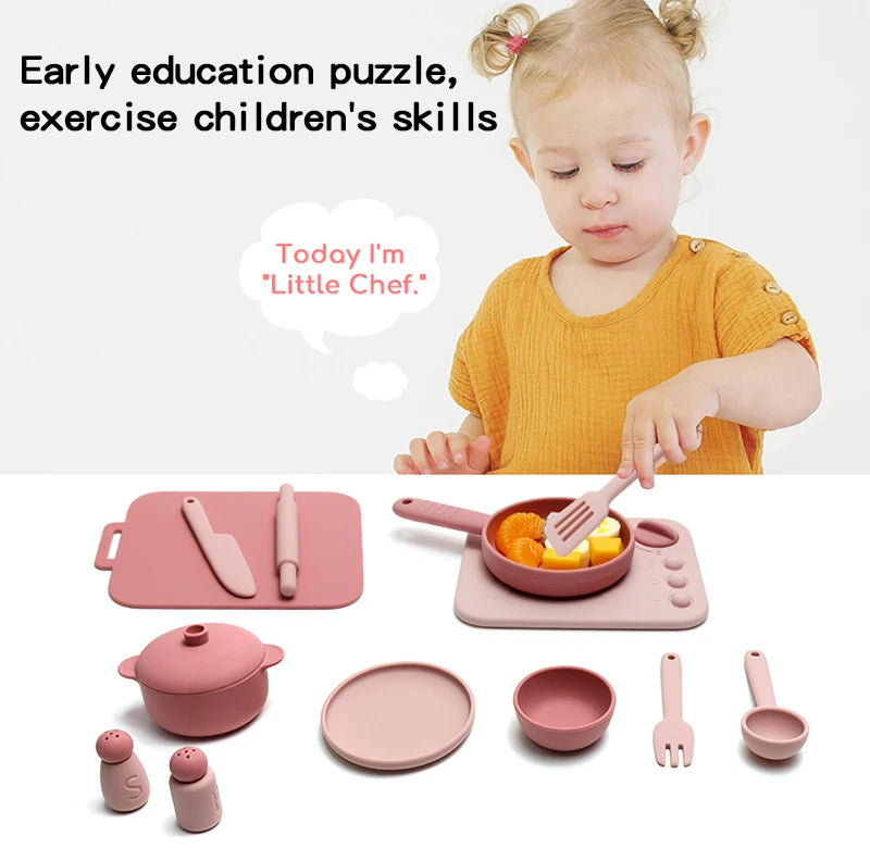 Kids Pretend Play Kitchen Toys, Food-Grade Silicone Dish Set, Realistic Mini Cooking Toys with Bowls, Plates, Pots for Toddlers