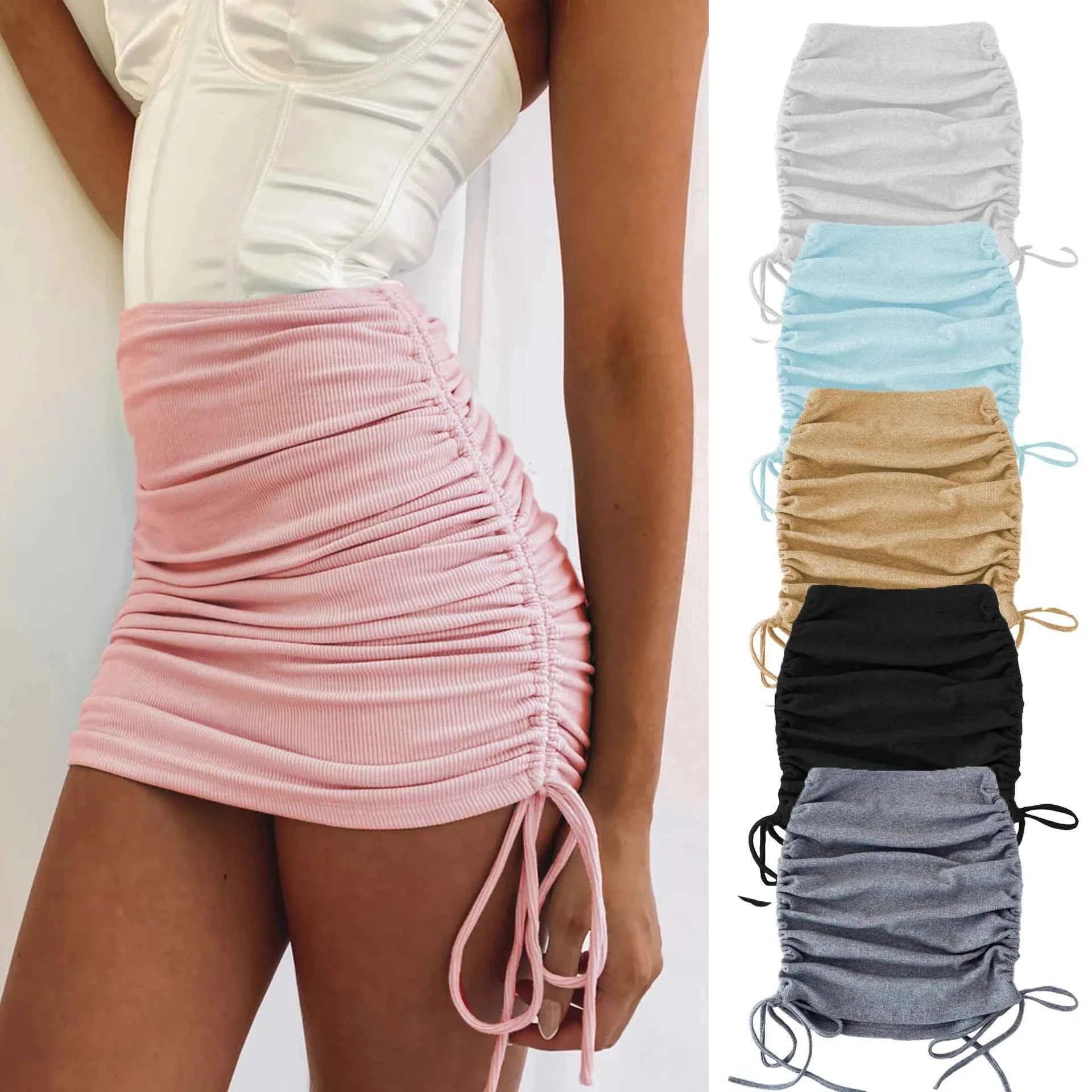 Woman Summer Mini Skirts Solid Color Cotton Folds Ladies Knitting Thread Side Draw String Elastic Sexy Skirts Womens WSL4321