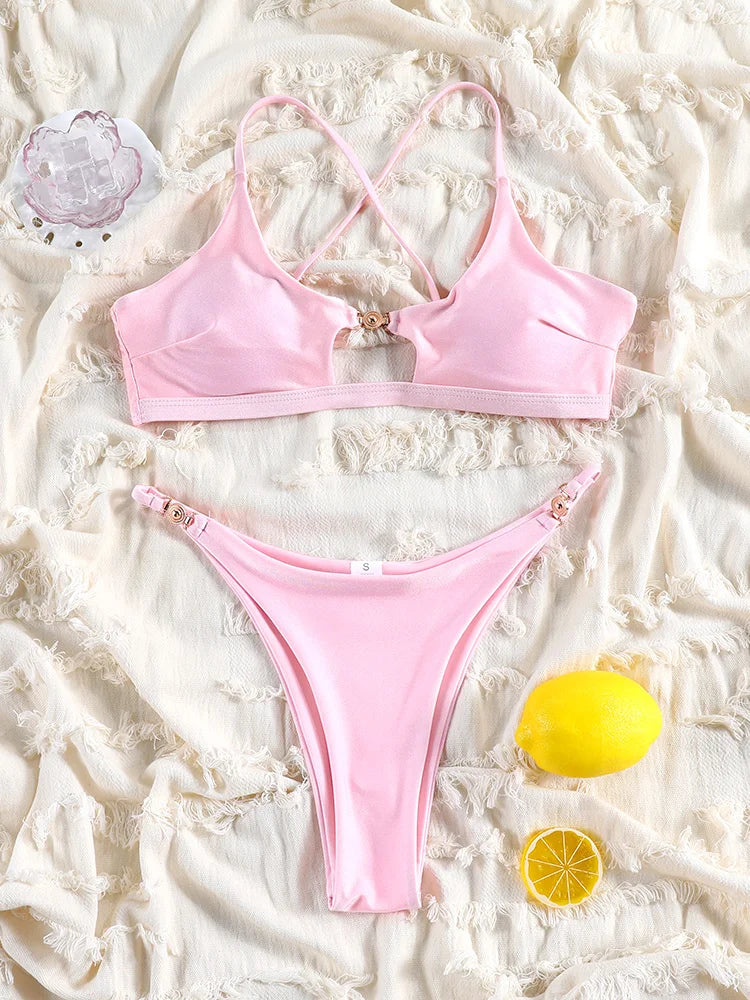 Rinabe Solid Bikini Set Sexy Bikinis Cut Out Swimsuit For Women Low Waist Bathing Suits 2026 Bathsuit Summer Beach Wear