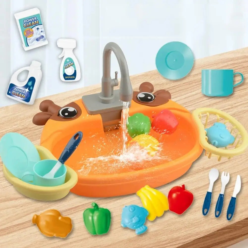 Kids Kitchen Sink Toys Electric Dishwasher Playing Toy with Running Water Pretend Play Food Fishing Toy Role Playing Girls Gift