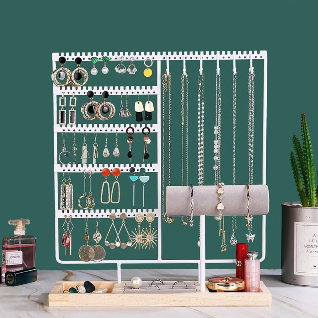 Metal Jewelry Organizer Stand with Wooden Tray - Multi-Functional Storage for Earrings, Necklaces, Bracelets & Rings