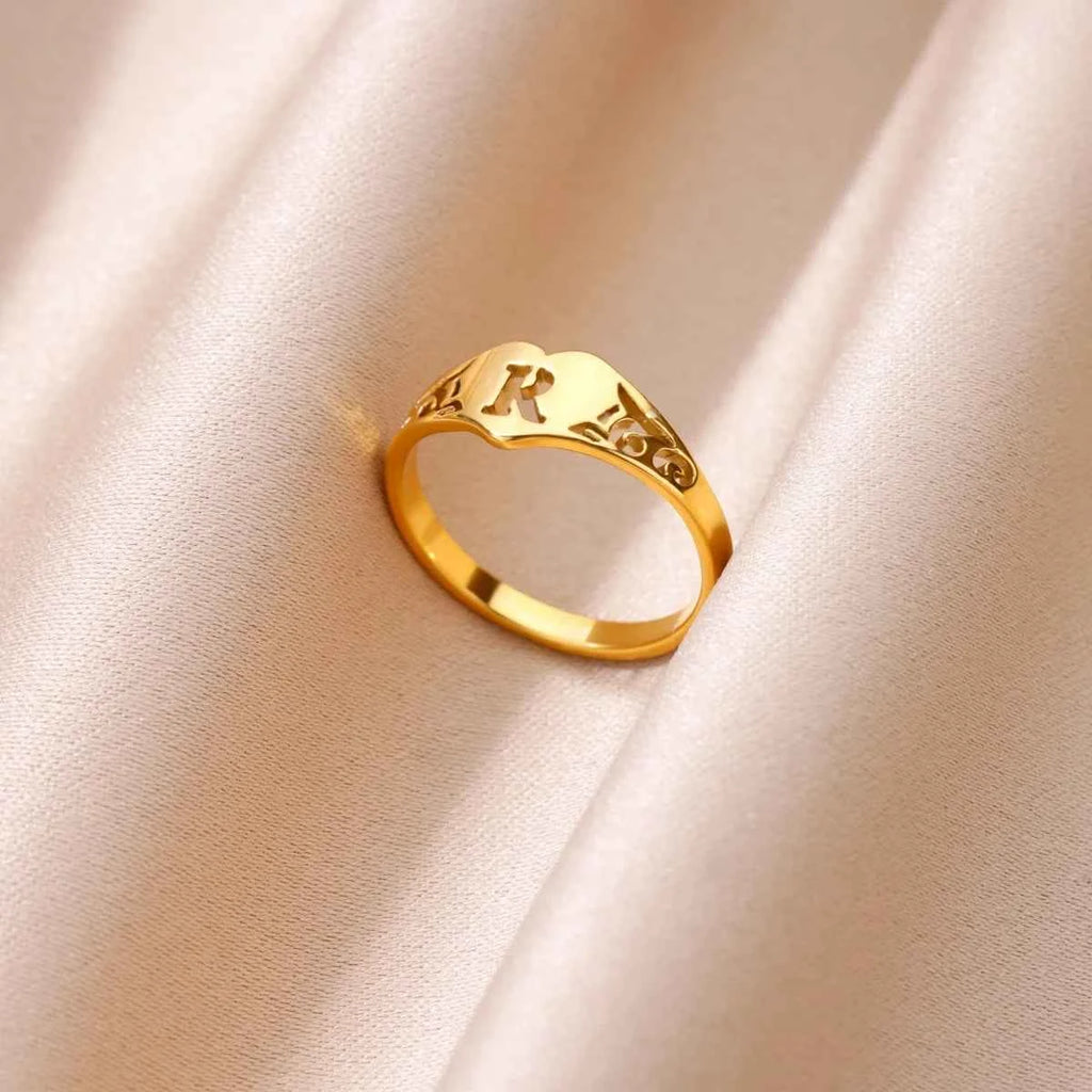 Fashion Hollow Initial Letter Heart Rings For Women Gold Color Stainless Steel A-Z Letter Ring Aesthetic Wedding Jewelry Gift