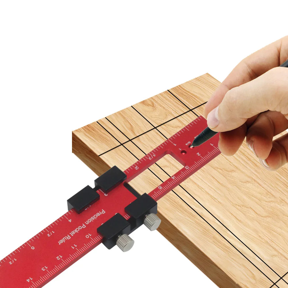 Woodworking Tools Ruler - Pocket Ruler Layout Tool Aluminum Precision Ruler with T-Track Metal Slide Stops,Inch and Metric Scale