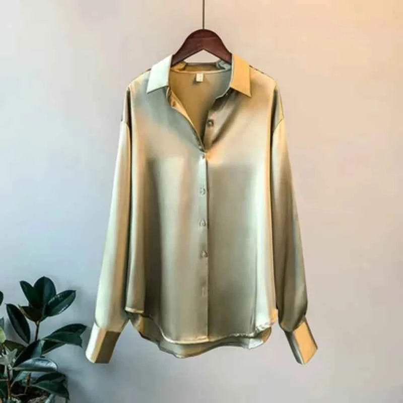 Spring Fashion Button Up Satin Silk Shirt Vintage Blouse Women White Tops Lady Long Sleeves Female Loose Street Shirts 11355