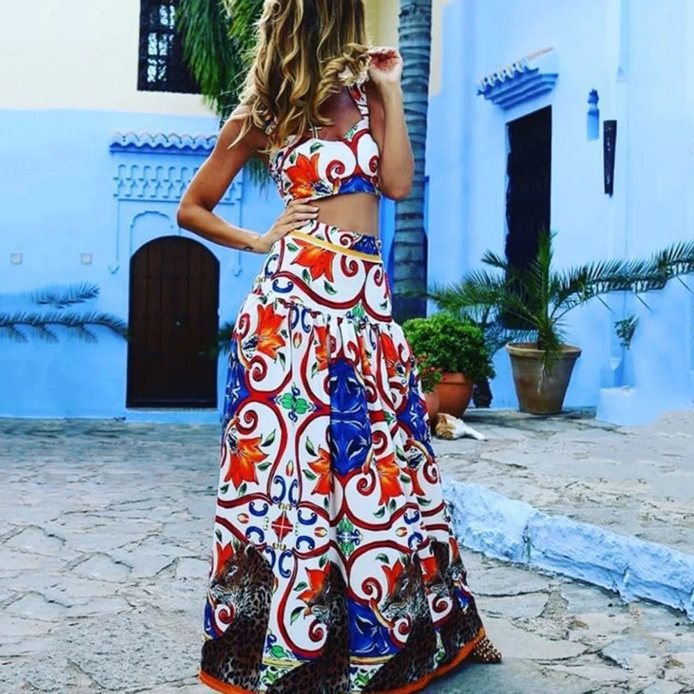 Bohemian Style Print Skirt Two Piece Set For Women Sexy Crop Camisole Casual Beach Holiday A-line Skirts 2 Piece Sets Female New