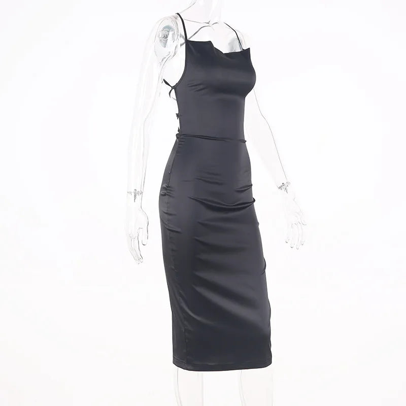Sexy Slash Neck Back Cross Bandage Bodycon Dress Women Spaghetti Strap Solid Color Mid-calf Dress Elegant Club Party Vestidos