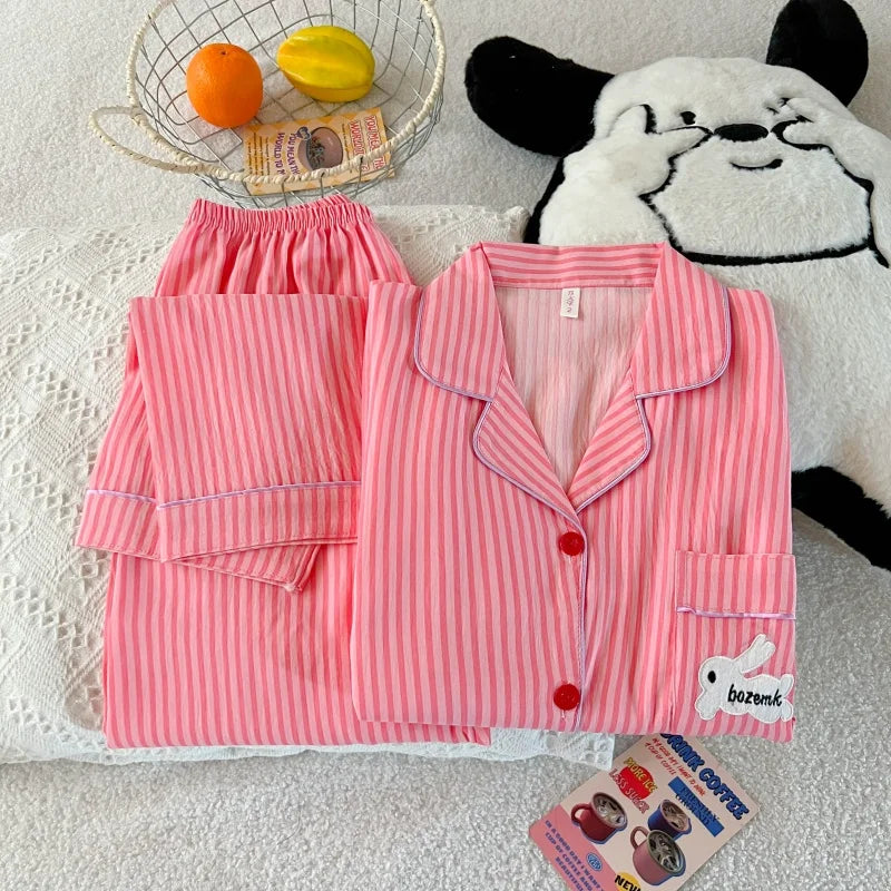 Embroidery Letter Pajamas Set Striped Rabbit Print Autumn Long Sleepwear Home Suit 2025 Lapel Neck New 2 Pcs Women's Pajamas