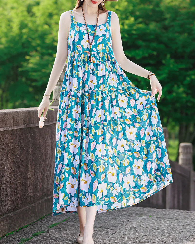 New Fashion Casual 2025 Summer Elegant Dresses For Women O-Neck Print Vintage Sleeveless Dress Loose Women Clothing