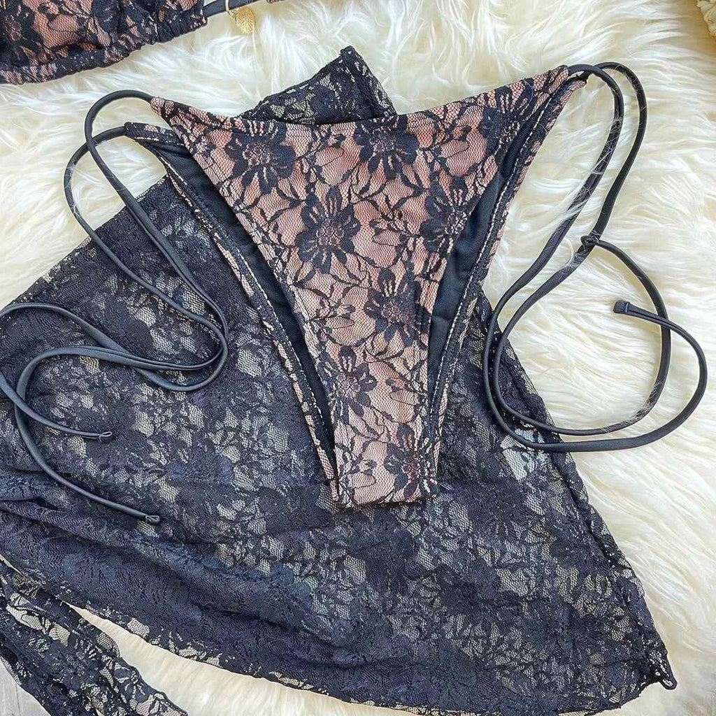 Lace Fabric Three-pieces Swimsuit Set With Sarong Bikini Inspired Women's Swimwear Beachwear Bathing Suit Vacay Outfit Biquini