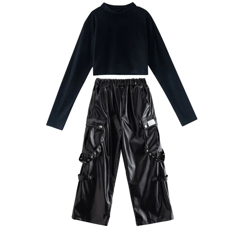 Kid Hip Hop Clothing T Shirt Crop Top Wine Red Arm Sleeve Faux Leather Casual Cargo Pants for Girl Jazz Dance Costumes Clothes