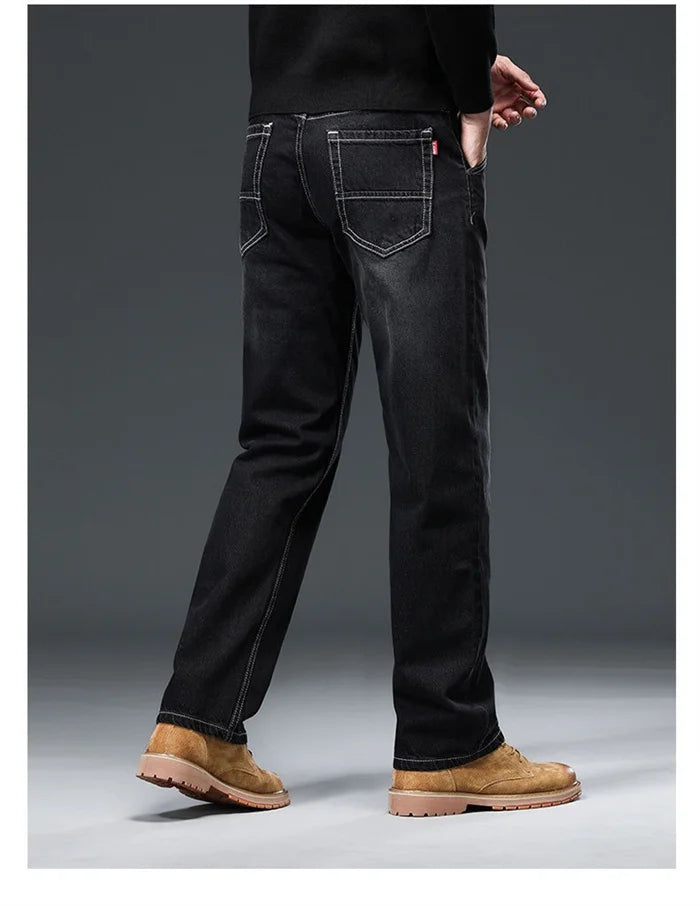 2026 Men Jeans 100% Cotton Thick Straight Plus Big Size 42 44 46 48 140KG Loose Classic Black Denim Trousers Casual Pants