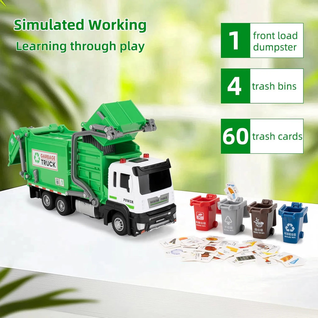 Realistic Garbage Truck Toy Set with Trash Can & STEM Learning Cards | 6+ Years Interactive Pull-Back Vehicle for Boys & Girls,