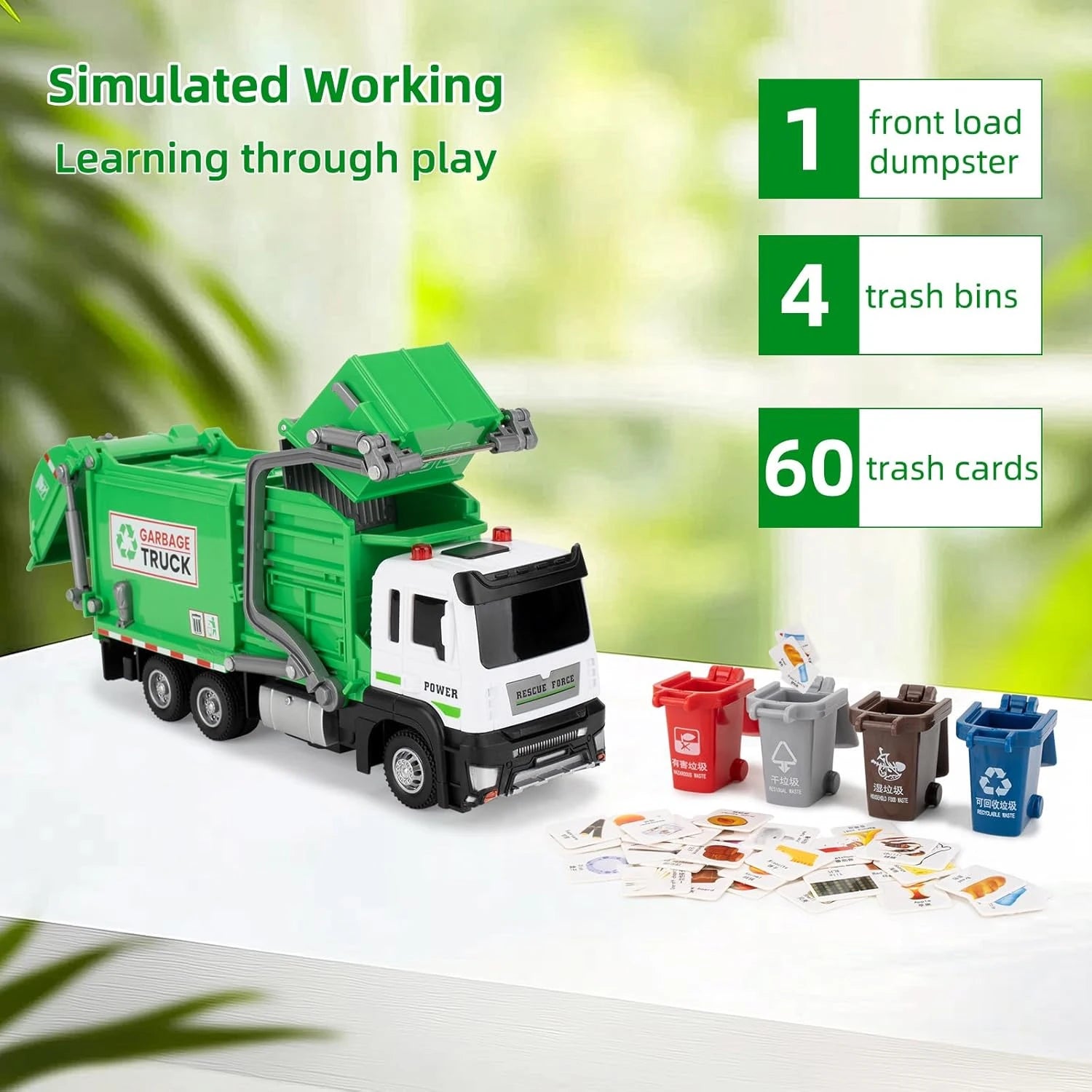 Realistic Garbage Truck Toy Set with Trash Can & STEM Learning Cards | 6+ Years Interactive Pull-Back Vehicle for Boys & Girls,