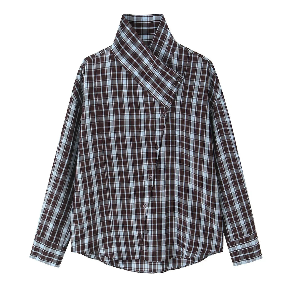 KONDALA Streetwear Casual Chic Women Blouse Plaid Stand Collar Single Breasted Blouse Fashion 2026 Spring Summer Holiday Blouse