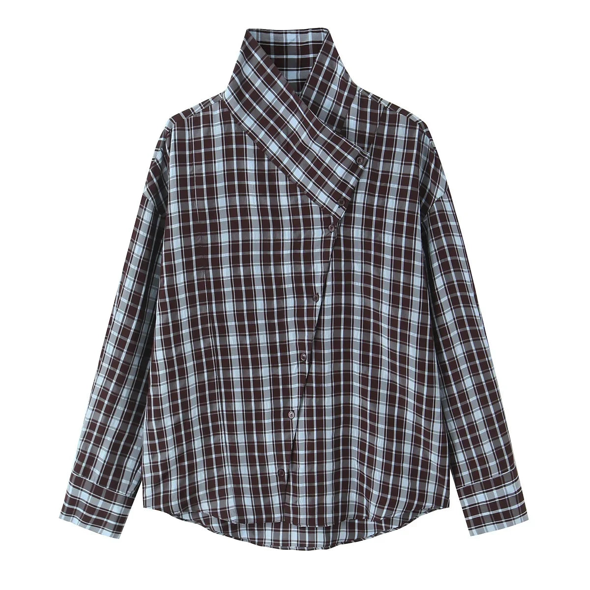 KONDALA Streetwear Casual Chic Women Blouse Plaid Stand Collar Single Breasted Blouse Fashion 2026 Spring Summer Holiday Blouse