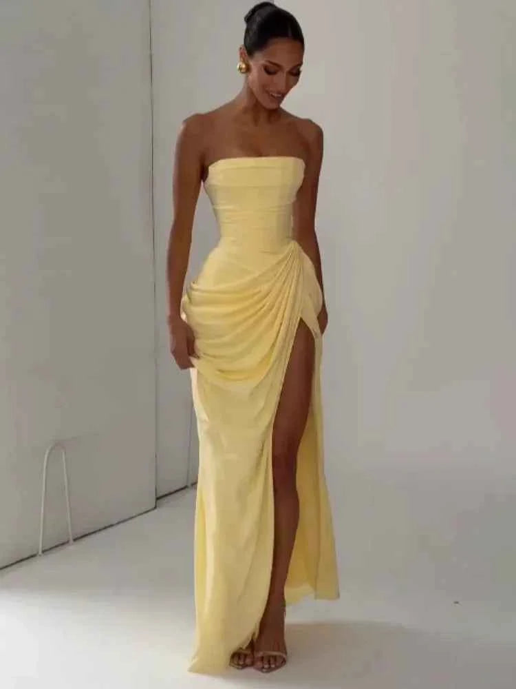 Yellow Strapless Pleated Dress Women Elegant Sexy Sleeveless Waist Cinching Split Maxi Gowns 2026 Lady New Evening Party Dresses