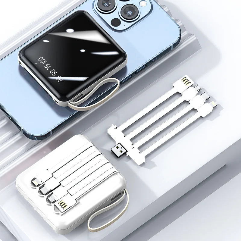 WHITE 2 Color Mini Power Bank 20000mAh – 4 Built-In Cables & Display
