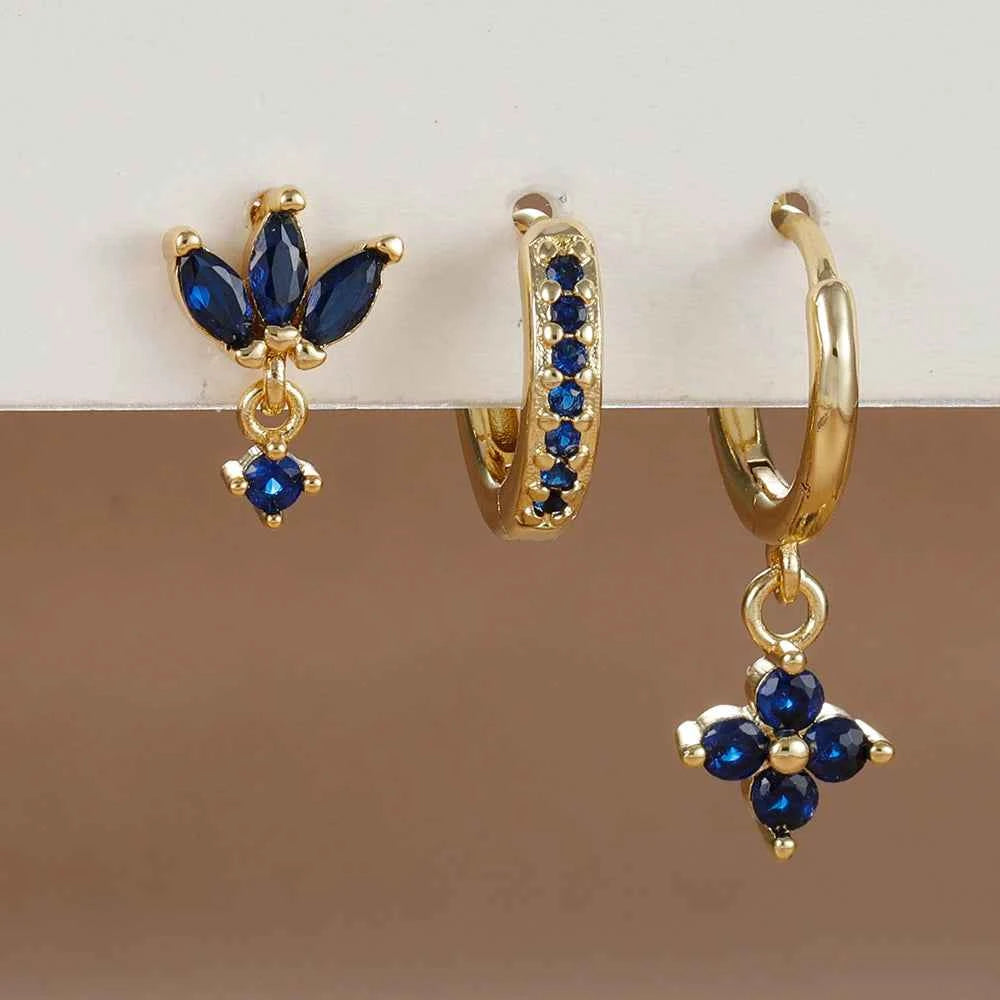 3PCS Fashion Orange Blue Zircon Hanging Earrings Set for Women Stainless Steel Flower Dangle Earring Piercing Jewelry