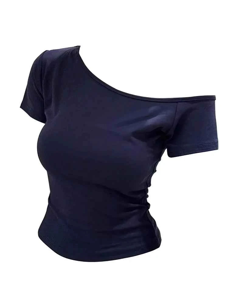 Summer Off shoulder Top Women Slim fit Body Summer  Short sleeve T shirt One shoulder Female Sexy Basic Tees Korean Chic