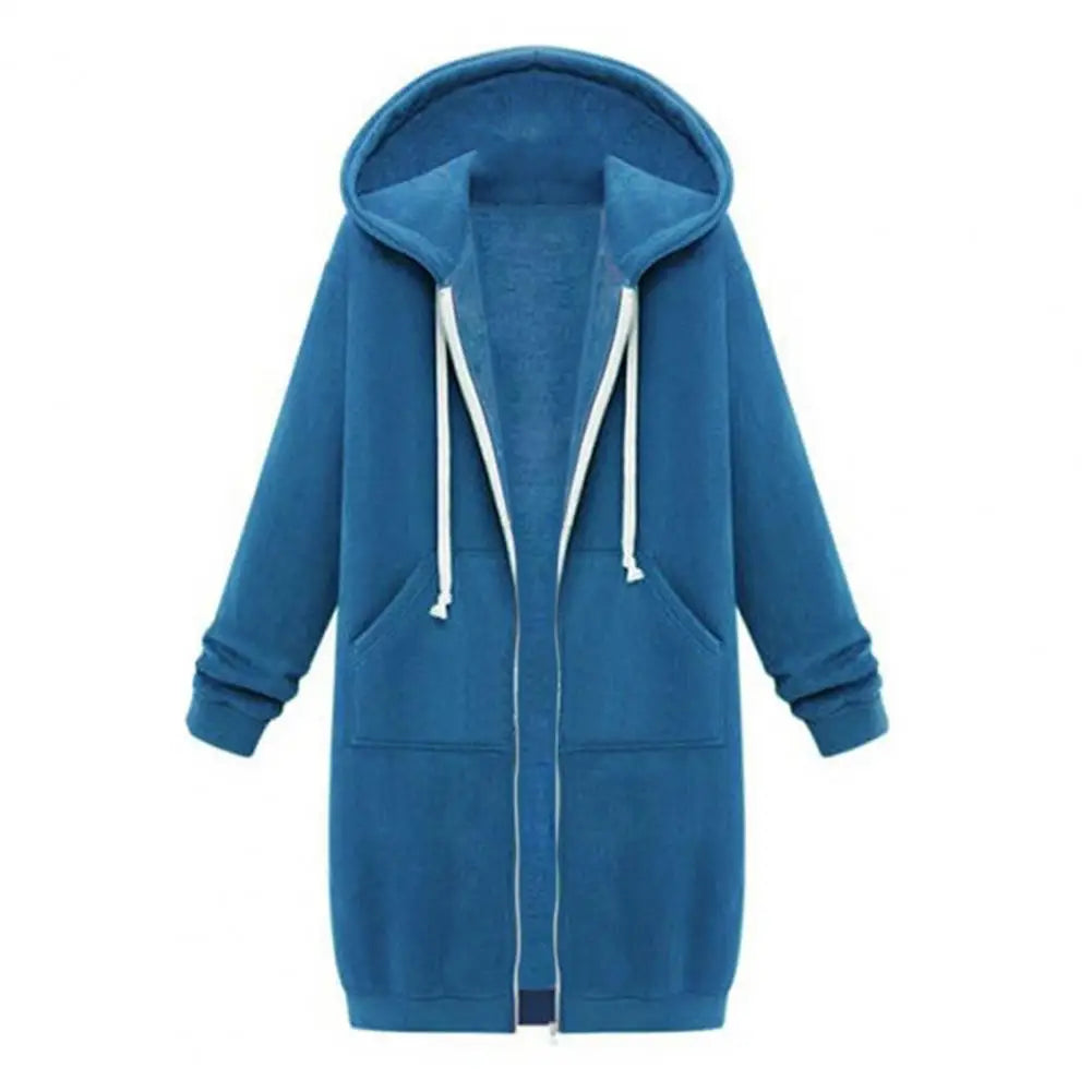 Plush Hooded Drawstring Women Jacket Thick Long Sleeves Zip Up Knee Length Autumn Coat Hooded Long Loose Winter Sweatshirt
