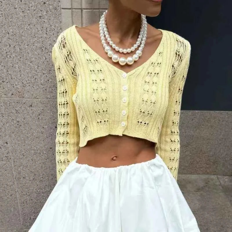 Trendix Summer Knit Long Sleeve Cardigan For Women V Neck Solid Bodycon Hollow Out Short Tops Party Club Slim Vacation Top Femme