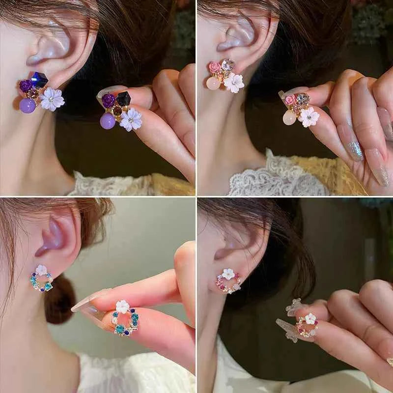 Colorful Flower Earrings Imitation Pearl Geometric Stud Earrings For Women Sweet Elegant Earrings For Party Banquet Jewelry Gift