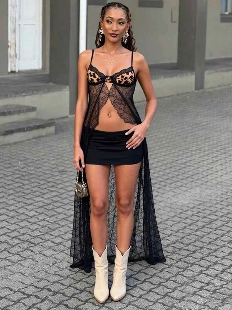 Weird Puss Backless Sexy Women Camisole Leopard Mesh Patchwork Ruffles Sexy Club Party Midnight Hot Girls Wild Coquette Maxi Top