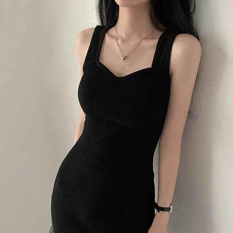 Myufon Basic Knit Long Dress Korean Fashion Square Collar Sleeveless Women's Dresses Summer Casual Y2k Vintage All-match Outftis