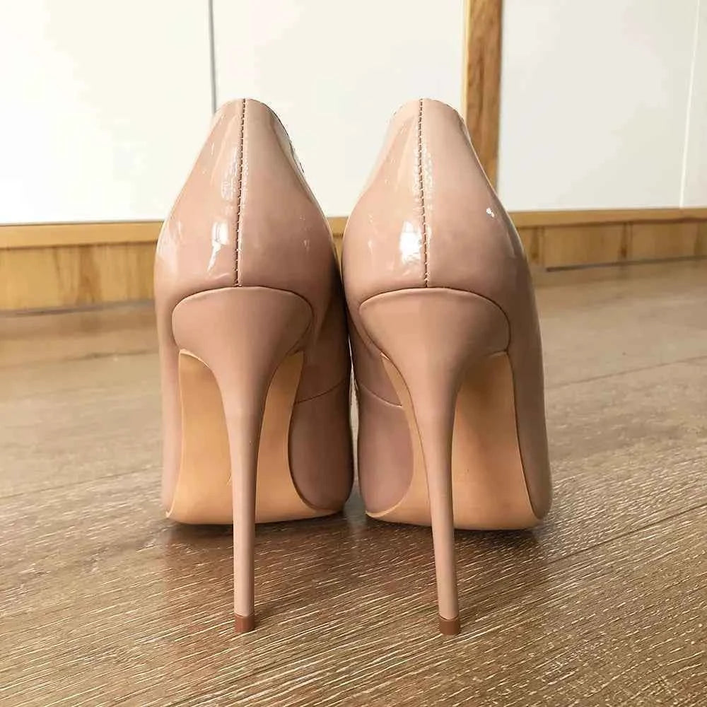 Tikicup Solid Nude Patent Women Pointy Toe Stiletto High Heels Slip On OL Wedding Party Dress Shoes Elegant Ladies Formal Pumps