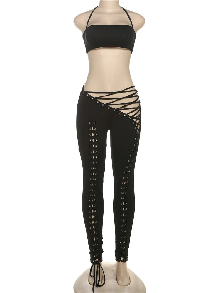 Weird Puss Sexy 2piece Set Women Hipster Halter Camisole+Shirring Hollow Pants Midnight Matching Stretch Clubwear Skinny Outfits
