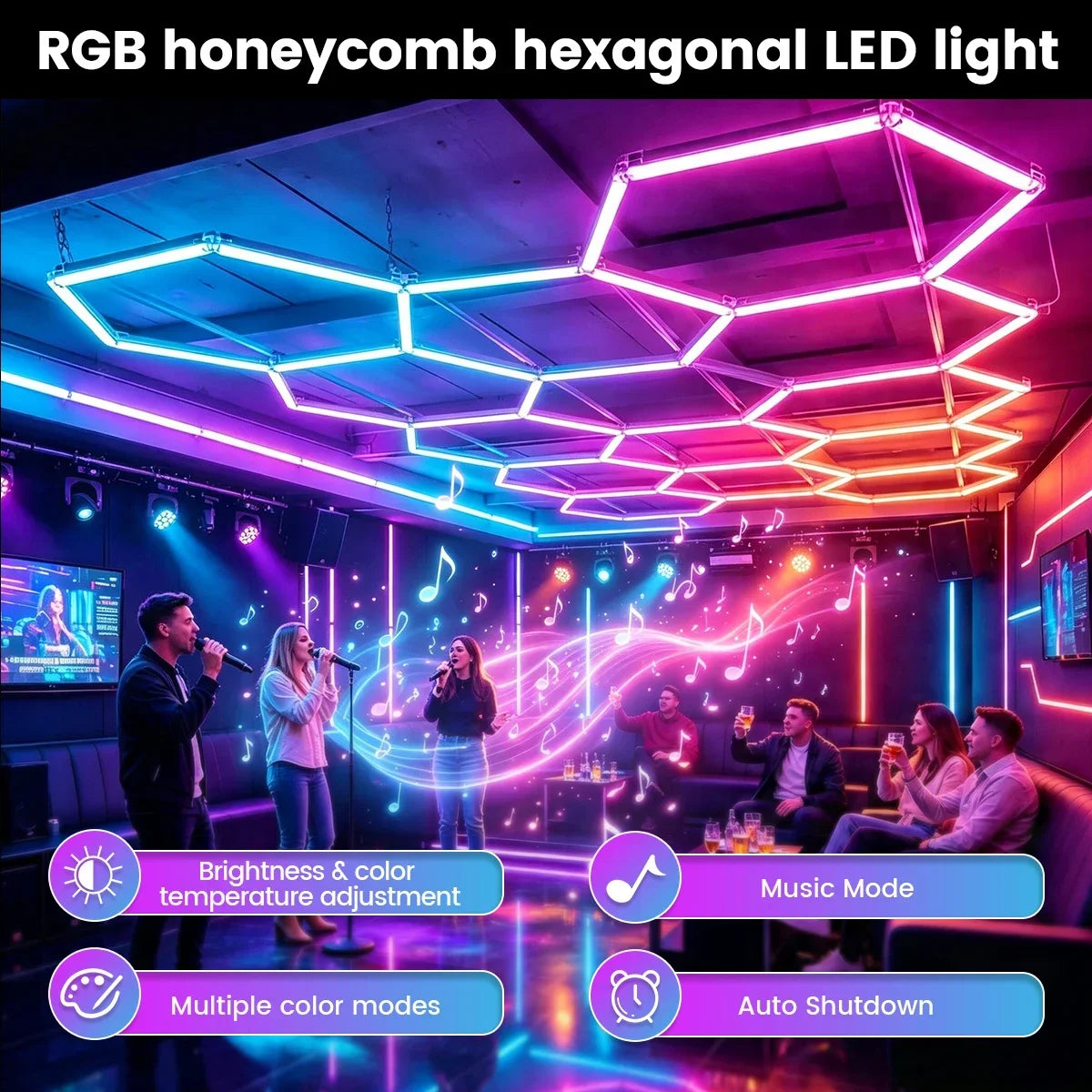 Smart hexagonal honeycomb RGB ambient tube light DIY modular splicing plug and play color lamp 85V-265V phone APP & remote control support timing shutdown music sync mode brightness and color adjustable, ideal for gaming room