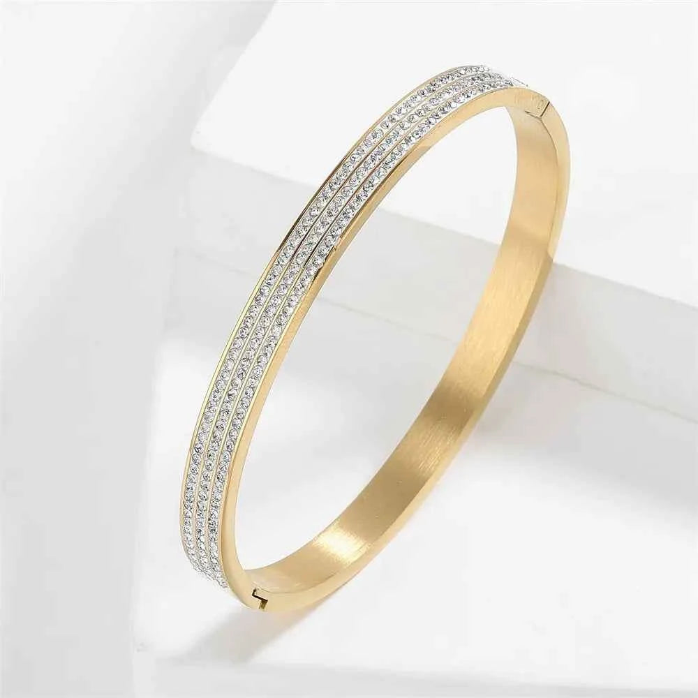 Yupsk Titanium Steel Couple's Bracelet Shiny Zircon Inlaid Stainless Steel Bangles Gold/Silver Color Female Jewelry Gift