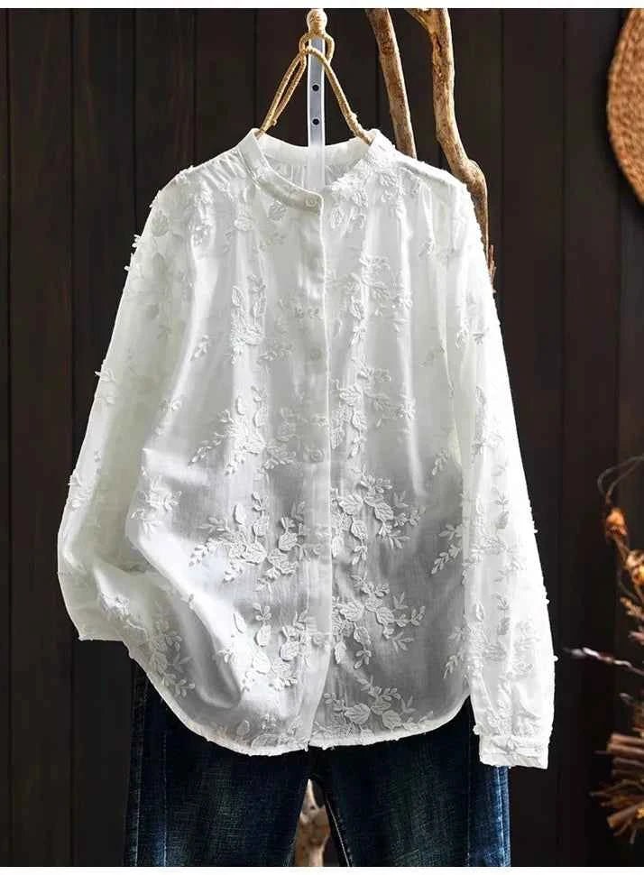 SuperAen Spring New Three-dimensional Flower Embroidered Cotton White Shirt Women Loose Sweet O-neck Long-sleeved Shirts