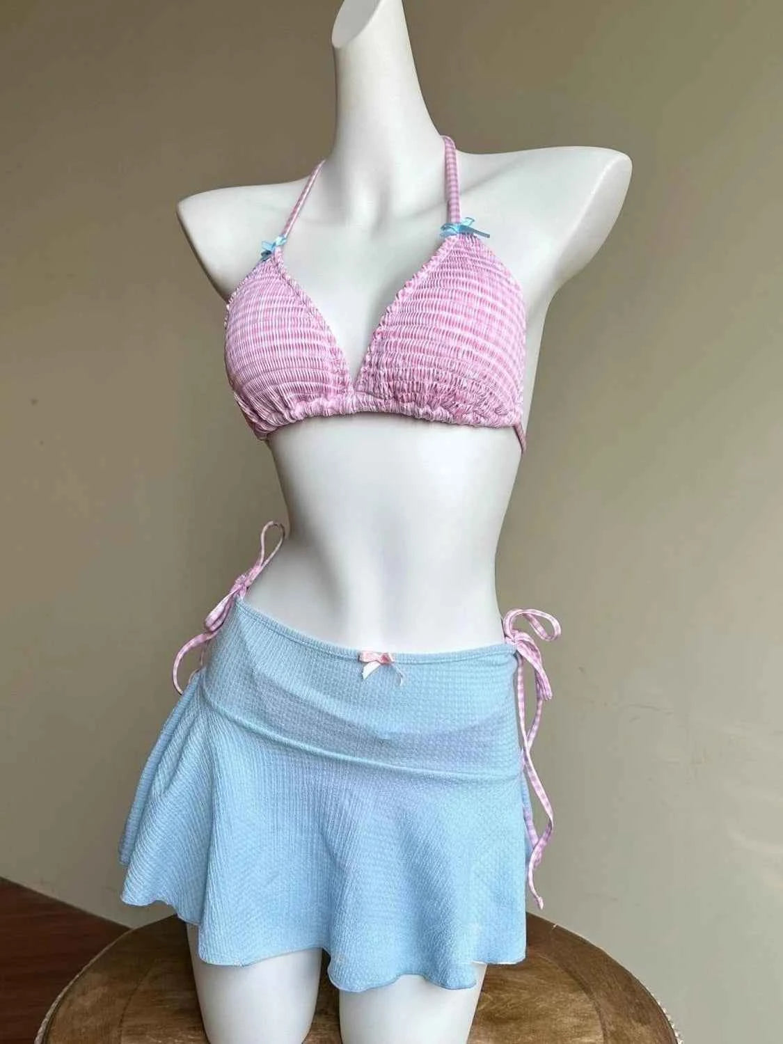 2026 Y2K Summer Sweet Pink White Dot Sets Lovely Cherry Decor Sexy Lace Trim Style Casual Bikini Swimsuit Beach Holiday Wear