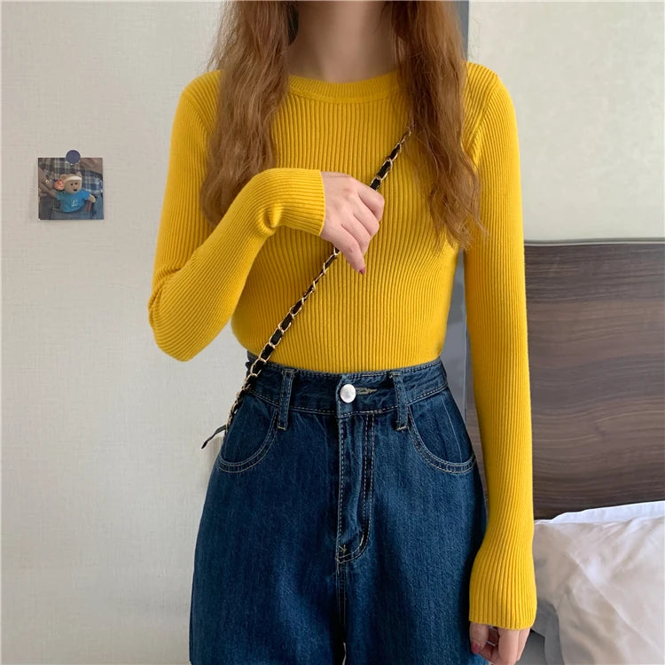 2026 New Women Sweater Autumn Winter Long Sleeve Pullover Basic Top Fashion O-neck Elastic Female Winter Solid Knitted Jumper