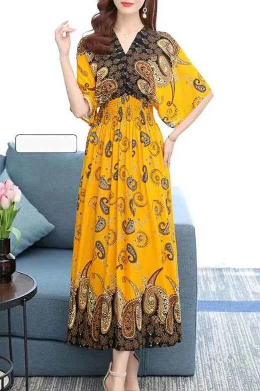 Colorful Flower V-neck Elastic Youthful Bohemian Sweet Midi Dress Woman Clothes Chic Fashion Summer Dresses 2025 Large Swing Ski