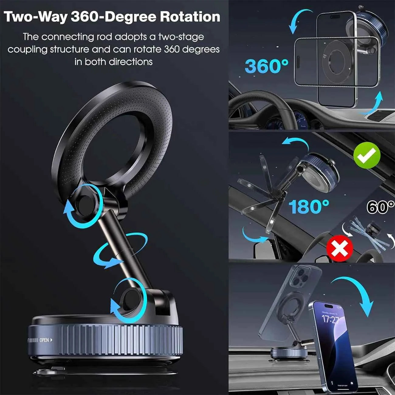Foldable Magnetic Car Phone Holder – N52 Magnet, 360° Rotatable, Suction Cup for Dashboard, ABS, with Wrench & Pad, Gift