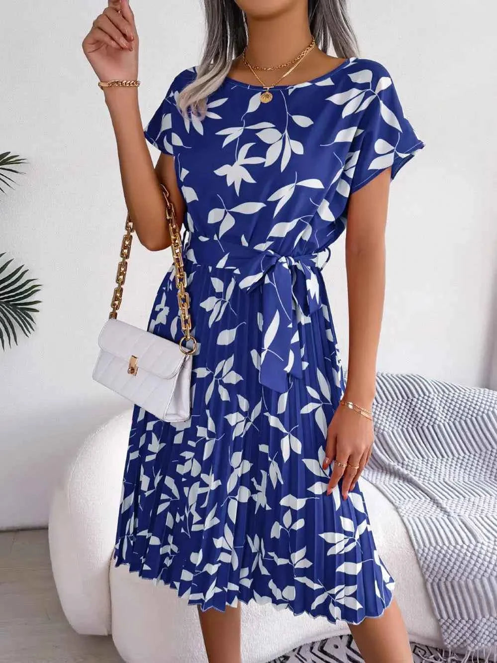 Ficusrong Fashion Floral Pleated A Line Long Dress Women Spring Summer Short Sleeve High Waist Chic Dress