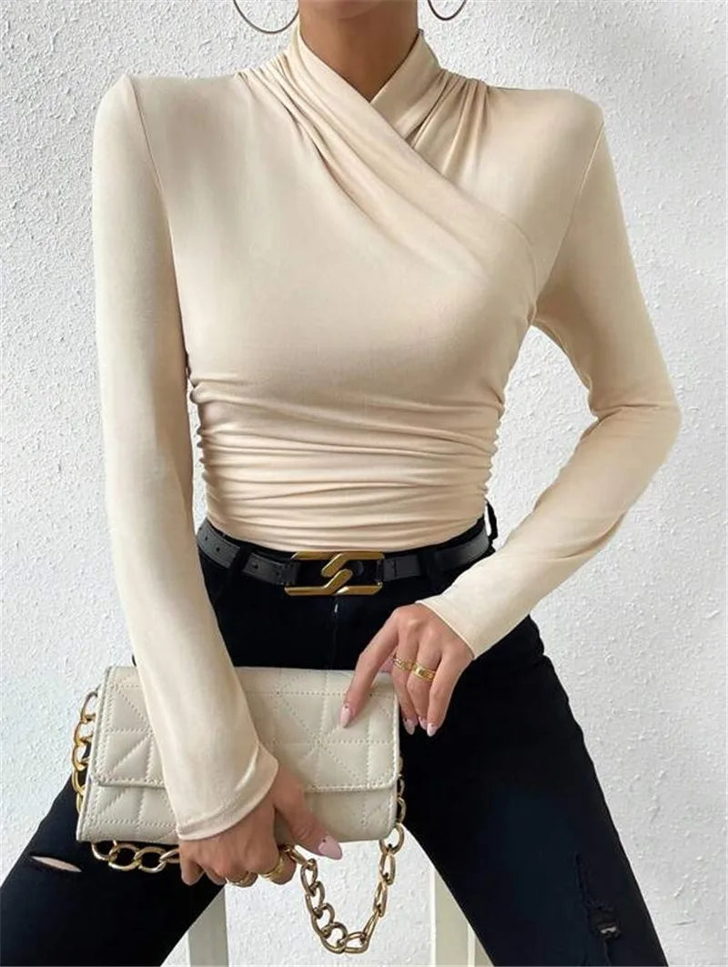 Women's Clothing Autumn Winter Tshirts New Design Cross Neckline Versatile Pleated T-shirt Comfortable Fashion Slim Fit Sexy Top