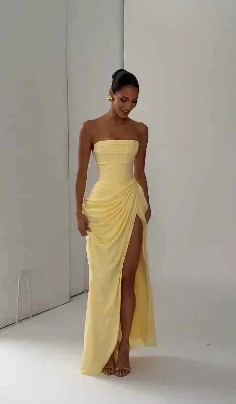 Yellow Strapless Pleated Dress Women Elegant Sexy Sleeveless Waist Cinching Split Maxi Gowns 2026 Lady New Evening Party Dresses