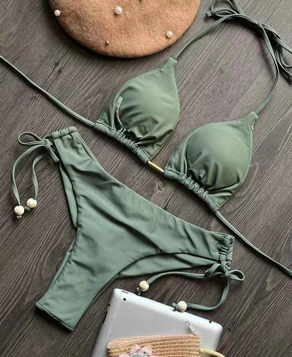 2024 sexy women bikini, brazilian triangle bikini, push-up swimsuit, metal chain beach bikini
