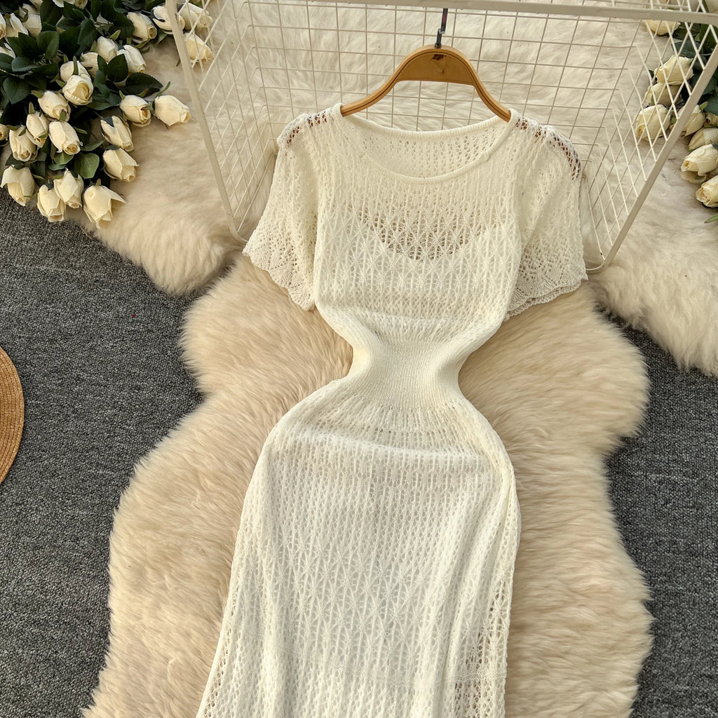 Women Hollow Knitted Dress Summer Flower Short Sleeved Fishtail Bodycon Dress with Camisole Dresses Vintage Party Long Robe