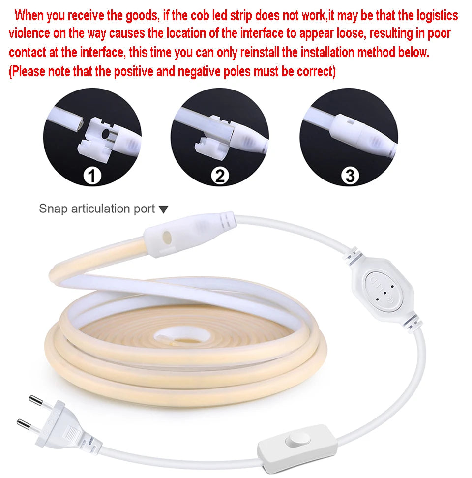110V 220V Cob LED Strip Light Super Bright Waterproof with EU US Power Supply Switch 288 LEDS/m Warm/Neutral/White Outdoor Decor