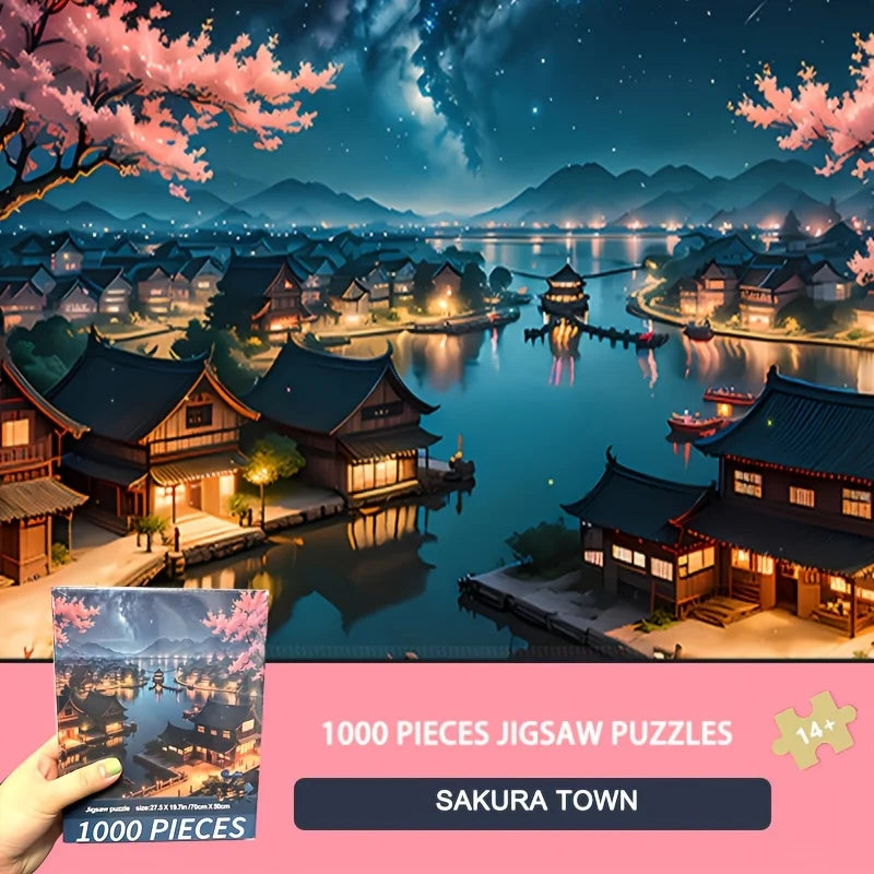 1000pcs Sakura Town Jigsaw Puzzle – 50x70cm, Durable DIY Art Deco Frameless Canvas, Perfect Birthday Gift, Artistic Decoration